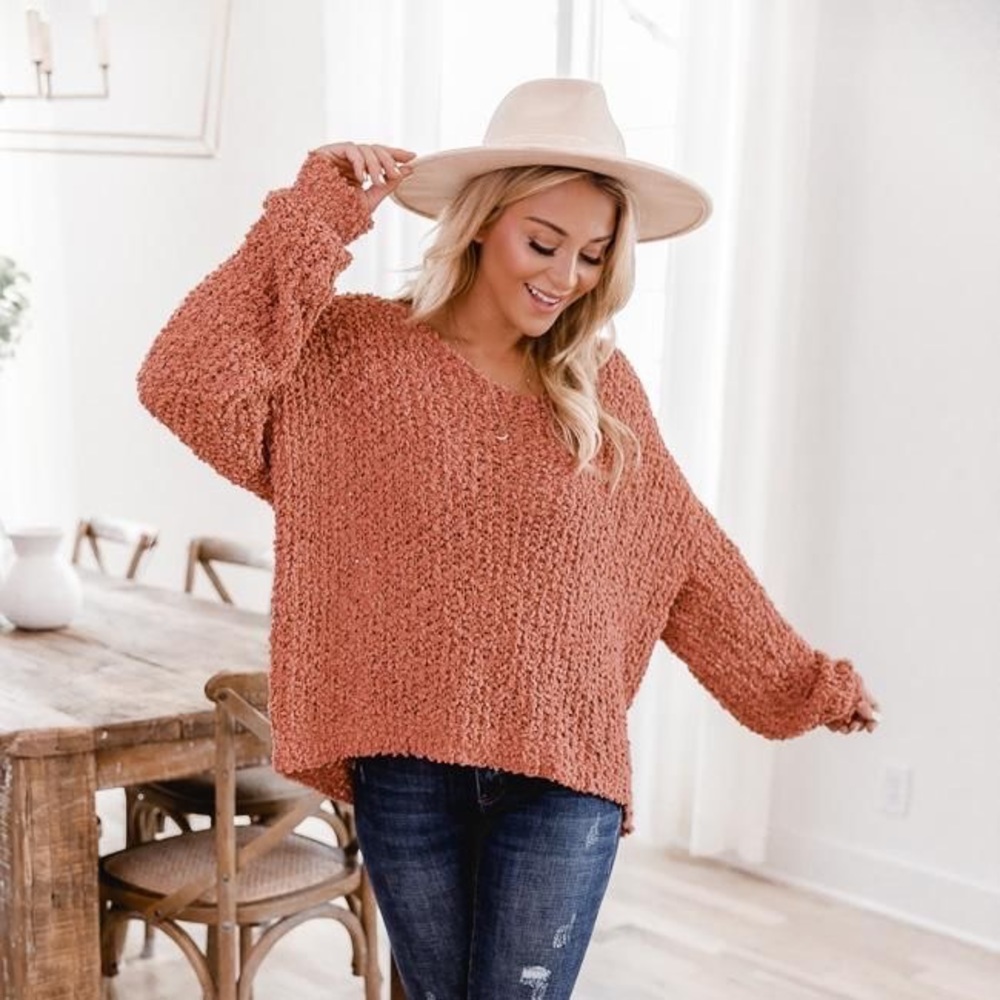Said It All Terracotta Oversized Popcorn Sweater | Pink Lily